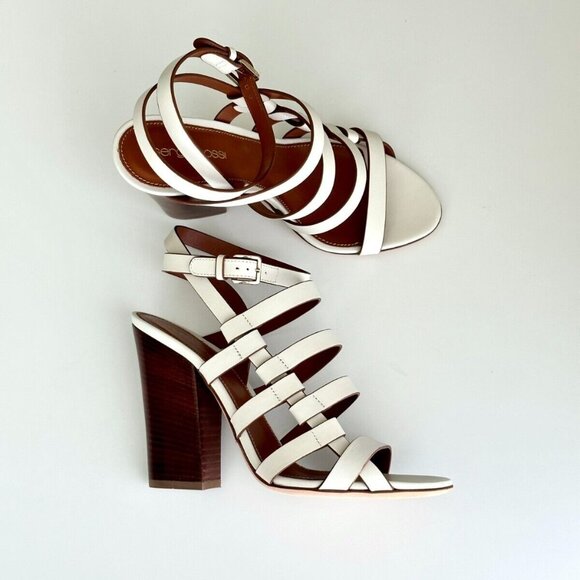 Women's NEW SERGIO ROSSI White Leather Strappy Block Heel Sandals Size 38 US (8) - Picture 1 of 9